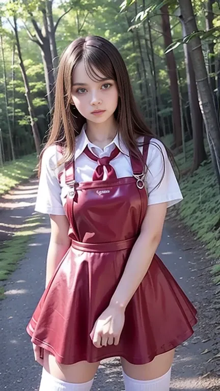 Cute young beautiful curvy schoolgirl , beautiful teen face, red leather skater pinafore dress , transparent white blouse, short sleeves, red silk tie , brunette long hair, beautiful eyes. stockings, Sneakers, schoolgirl - standing in the woods , photoreal...