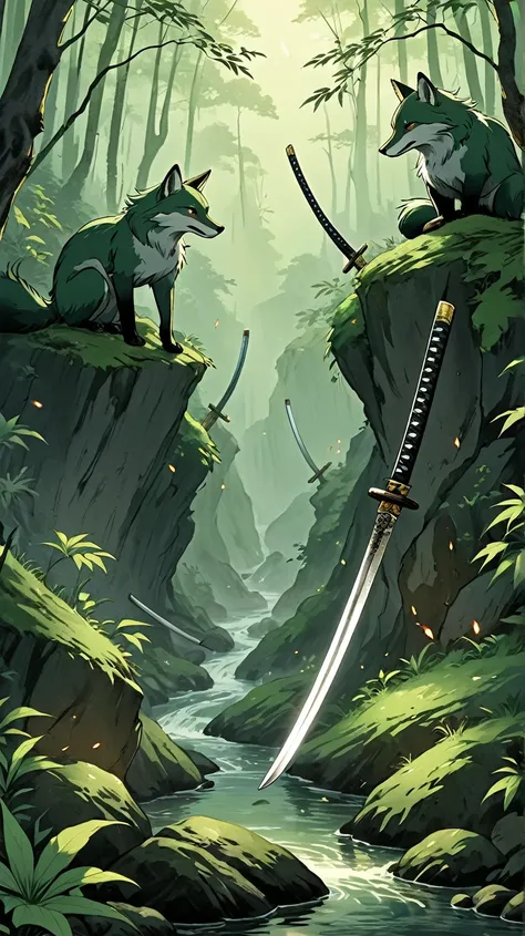  Deux katanas magique et légendaire, avec de nombreux détails, gris foncé et vert foncé. une lame de katana est gravé dun renard qui court, seconde lame de katana gravé de flammes. Larrière-plan est une forêt et des rochers dessinés dans un style japonais ...