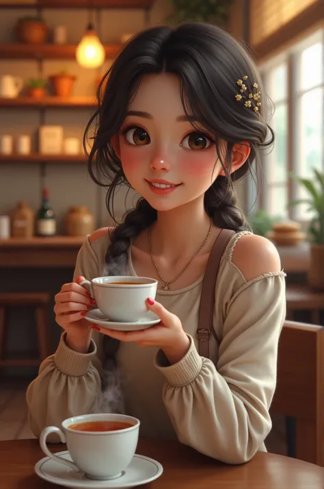 Girl at the cafe drink tea with beautiful smile
