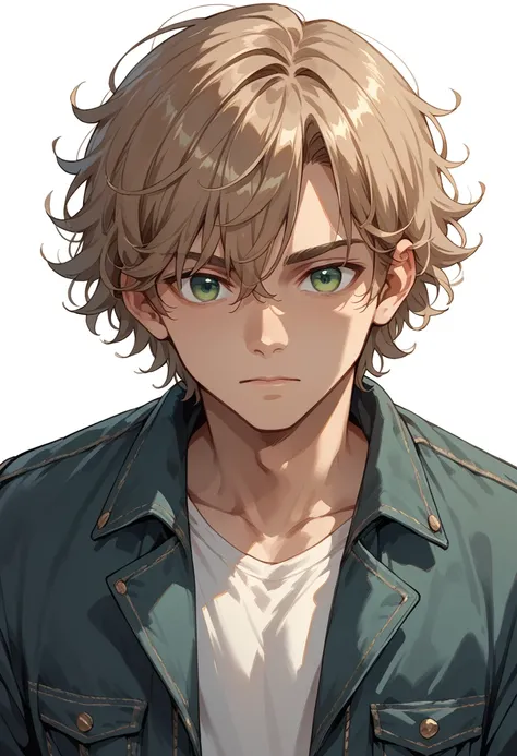 1boy, solo, close-up, curly hair, light brown hair with a longer fringe partially covering the left eye, green eye half-closed, casual outfit with a fitted denim jacket, cool expression, white background,Bangs covering half of the eye
