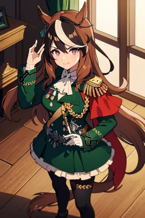 symboli rudolf,One person、girl、Horse tail、best quality,large breasts,Green coat, green military jacket,  green skirt ,Red Cape,White gloves,Black tights,golden epaulettes ,Medals, gem,Button closure,Full Body,seductive smile,Perfect hands、standing、throne