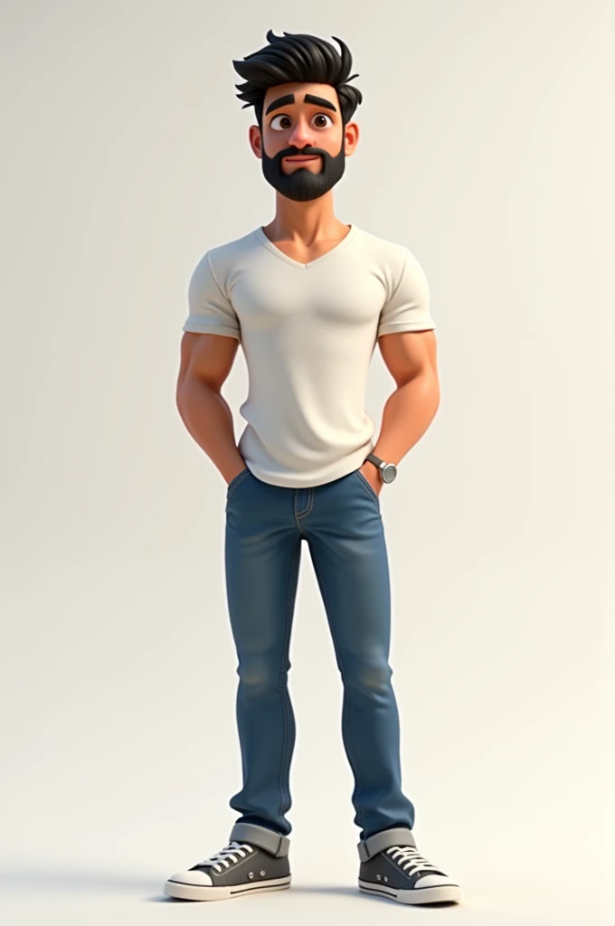 Amit – A 25-year-old man with short black hair, a medium beard, and an athletic build. He wears a casual white t-shirt, blue jeans, and sneakers. He has a calm but slightly sarcastic expression. 3d,2d animation