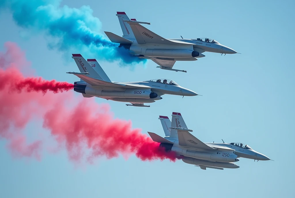 /imagine prompt 1: A thrilling Air Show demonstration featuring state-of-the-art Fighter Jets performing jaw-dropping aerial maneuvers, all expertly captured by a seasoned aviation photographer. The image depicts a dynamic aerial display with Fighter Jets ...