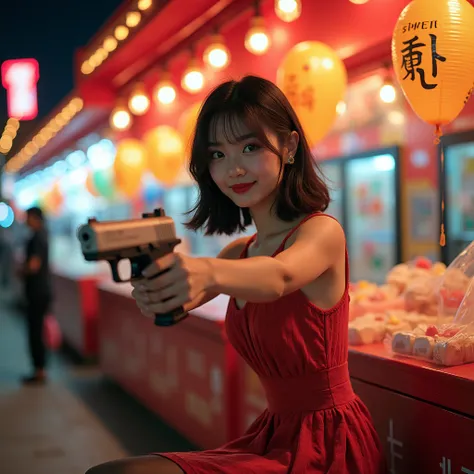 ((( A 20 year old sexy sweet chinese girl playing balloon shooting in a night market in Taiwan, Body Side Camera to Legs Shooting balloons in a professional pose holding a pistol and smiling :1.5))),  Taiwan Night Market Background ,  Extra High Heel Stile...