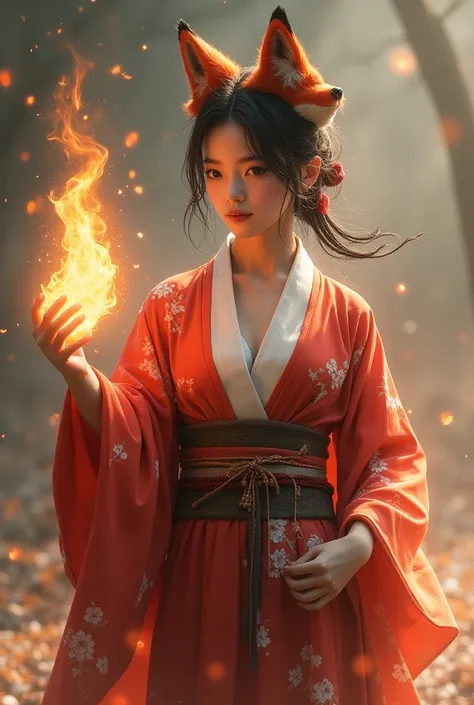 1girl,solo,, official art, unity 8k wallpaper, ultra detailed, beautiful and aesthetic, beautiful, masterpiece, best quality,, Kitsune witch, fox mask, haori jacket, foxfire spell, fox familiar, transformation,