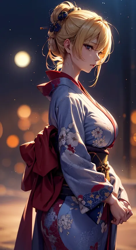 masterpiece,      High image quality     , 4K, Beautiful design, silhouette，blonde， 非常に詳細な夜のStarry Sky,， wonderful, Delicate details,  Very knowledgeable woman       , Highly detailed solo, 1 female,Big Breasts，Red yukata，Night view，Starry Sky，full moon，