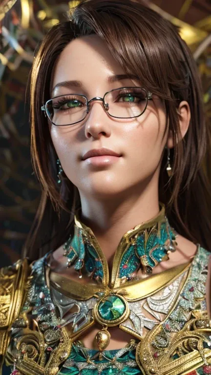 close-up,  upper body. Short, red hair, green eyes,  metal-framed glasses , traditional clothing, joyful smile, cheerful girl . (masterpiece, top quality,  Best quality ,  official art ,  beautiful and aesthetic :1.2),  extremely detailed ,( fractal art :1...