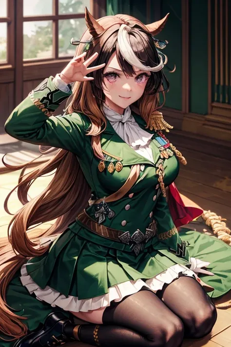 symboli rudolf,One person、girl、Horse tail、best quality,large breasts,Green coat, green military jacket,  green skirt ,Red Cape,White gloves,Black tights,golden epaulettes ,Medals, gem,Button closure,Full Body,seductive smile,Perfect hands、contrasted、throne