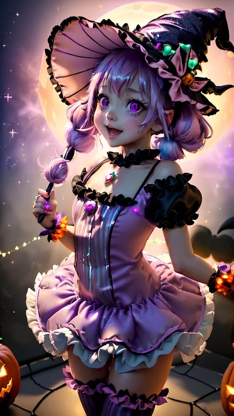 ((Petite magical princess:1.3) with ((pastel pink twintails:1.2), (large sparkling purple eyes:1.2), (cute round cheeks:1.1)) wearing ((adorable Halloween witch costume:1.3) with (frilly black and pink dress:1.2), (tiny witch hat adorned with candy:1.1), (...