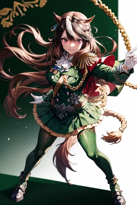 symboli rudolf,One person、girl、Horse tail、best quality,large breasts,Green coat, green military jacket,  green skirt ,Red Cape,White gloves,Black tights,golden epaulettes ,Medals, gem,Button closure,Full Body,seductive smile,Perfect hands、standing、throne