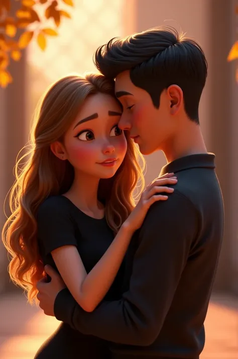 Disney pixar 3D In the image, the girl and the guy are standing close to each other. The girl is wearing a black outfit, her hair is long, light brown, and beautifully styled in waves. She looks slightly concerned or thoughtful, gazing to the right.

The g...