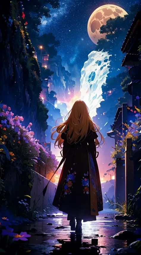 １people,Blonde long hair woman，Long coat， Dress Silhouette， Rear View，Universe ，， Knight ，moon，Colorful flowers