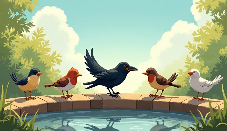 .इमेज प्रॉम्प्ट: Birds happily drinking water from the well, with the clever crow smiling, surrounded by joy and appreciation, showcasing their gratitude.