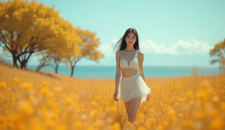 an beautiful asian idol, 22 years woman, walking through a field, (topless, natural breast), ((white transparent mini skirt:1.1), no bra, no panties, ((public hair), (skinny body)), rating_explicit, nwfs, smiling at camera, in the style of ethereal trees, ...