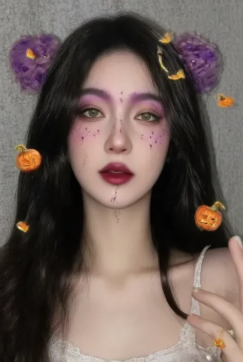 halloween_beauty, a Korean woman as a witch, with glowing green eyeshadow and hands floating around her, tiny pumpkins dotted along her jawline.