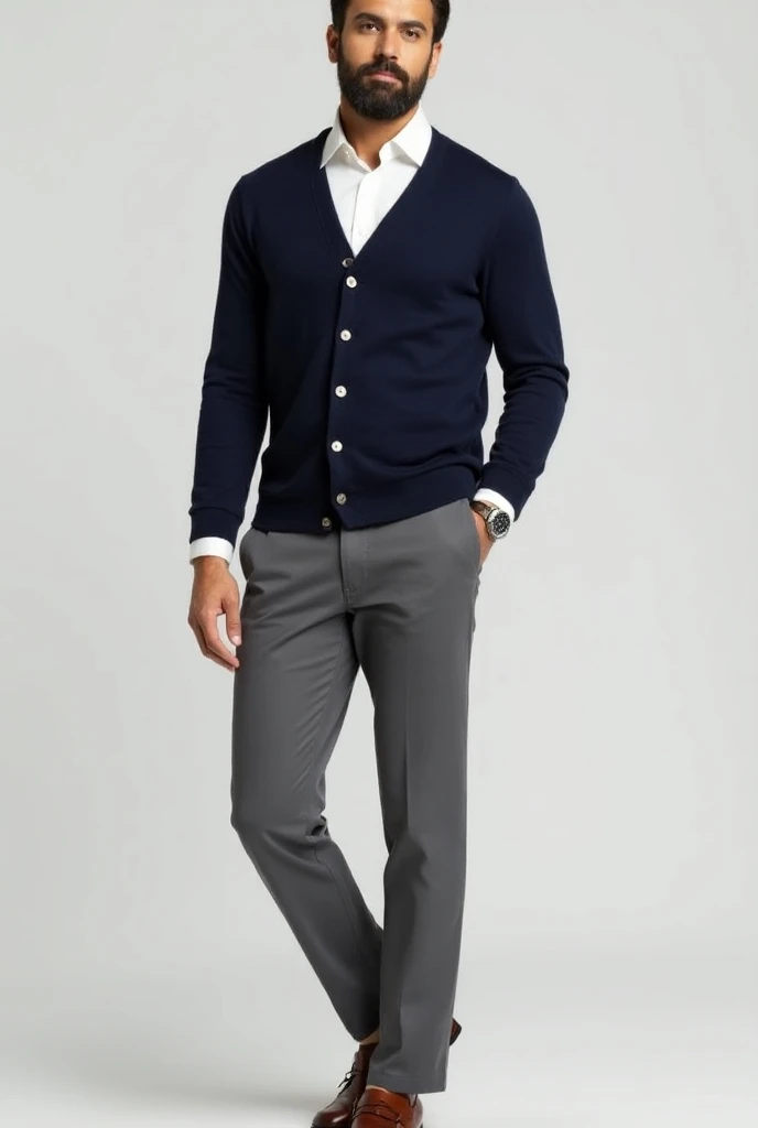 Cardigan: Navy button-up cardigan
Shirt: White formal shirt
Pants: Grey chinos
Accessories:
Brown leather belt
Brown loafers
Silver or leather watch