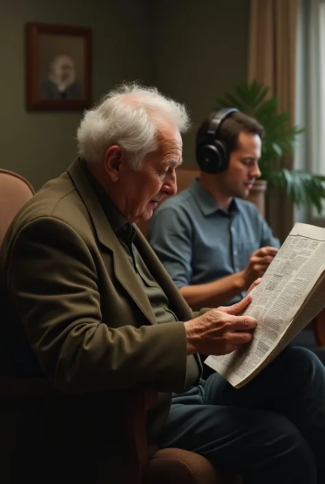 Generate a image of old man reading news paper sitting far away from a  young man who is wearing a headphone    add a nice interior background to the image 