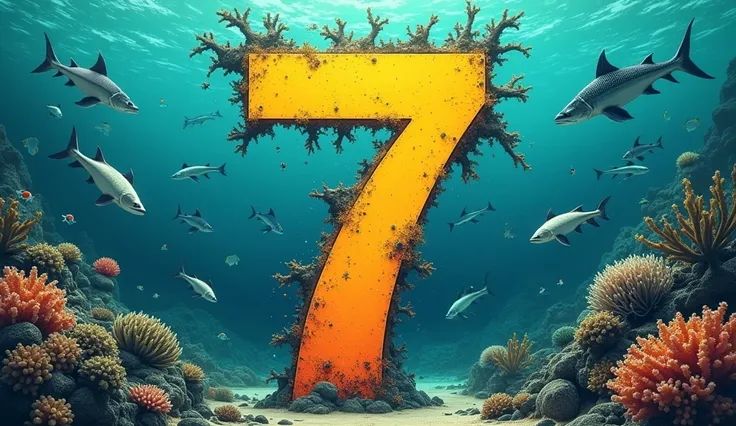 Design an eye-catching YouTube thumbnail for the video 7 Consequences of Ocean Warming on Marine Life. Use an engaging font for the text Top 7 Effects of Warming Seas! in teal, yellow, and black. The background should showcase a collage of marine habitats,...