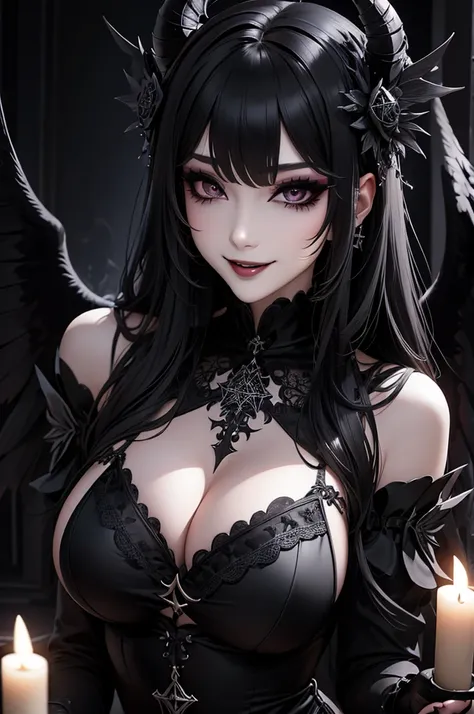 Realista 1.2, ((top quality, 8 thousand, masterpiece:1.3)), young oriental woman, Devil worship, asas de Anjo, satanism, dark background, pentagram, goth fashion, goth makeup, goth, Black color 립스틱, 입술은 Black color, black lips, dark eye shadow(Black color)...