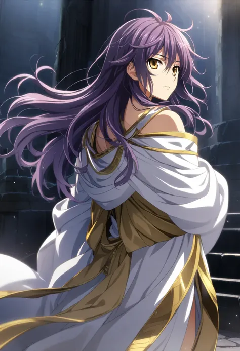 1 boy, purple hair, messy hair, hair down to mid back, golden eyes, Greek robe, Greek god clothes, CG