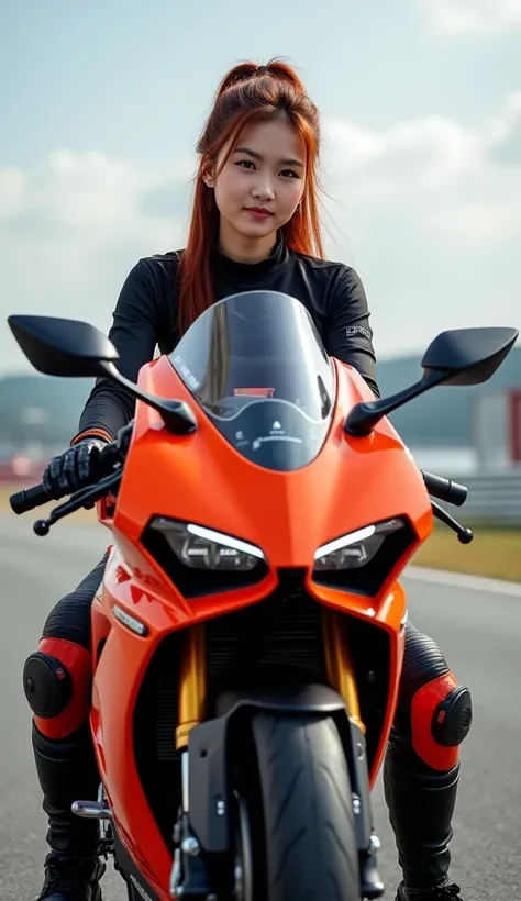 Beautiful Asian woman, 20 years old She is very beautiful ((perfect face)), 170 cm tall, long reddish-black hair tied in a ponytail, confident face, confident smile, big breasts, thin waist, chubby hips, perfect figure. She wore a black and orange motorcyc...