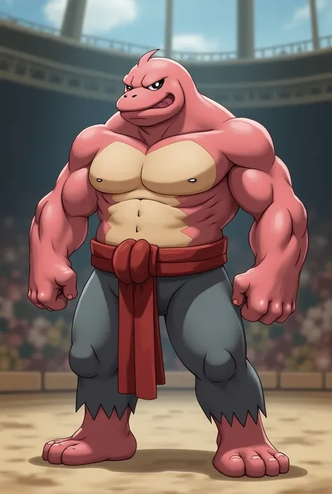 It carries,  has a double T-strap . Praktibalk stands in an arena with a fighting pose.  The muscle Pokémon Strepoli is 1 , 2 meters tall and weighs 40 kilograms .  It has a humanoid physique ,  the upper body is very muscular and about as wide as the lowe...