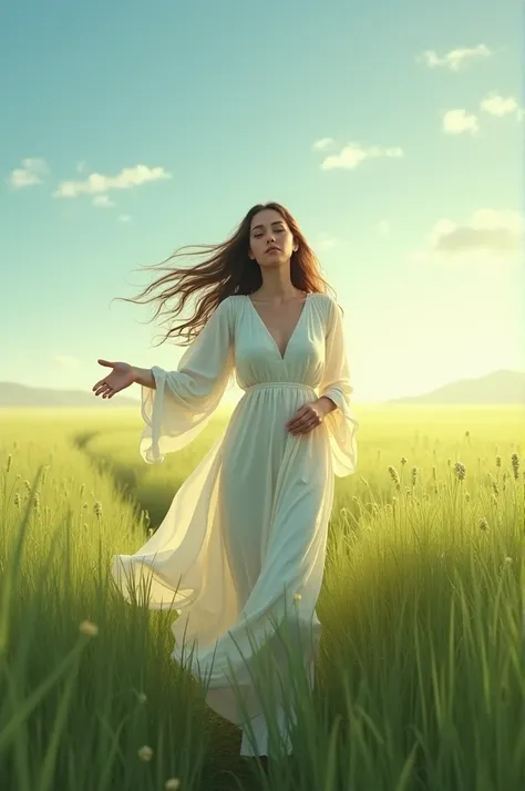 Christian woman with her long hair and dress walking in the field