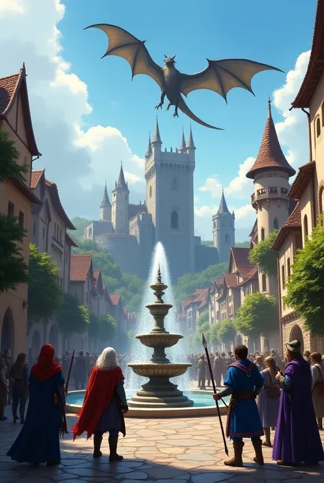 A medieval fantasy town full of magic、A large castle towers in the distance。There is a fountain in the center of the town、Around it are heroes in armor、A wizard wearing a robe、Elves holding bows gather、They are preparing for an epic adventure。In the backgr...