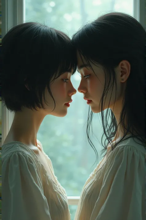 two girls staring at each other. one girl has hair like a boy with a flat chest and the other girl has long hair. make it like a novel cover with an aesthetic feel 