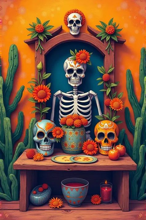 Make a sketch of an altar for the Day of the Dead with recycled material