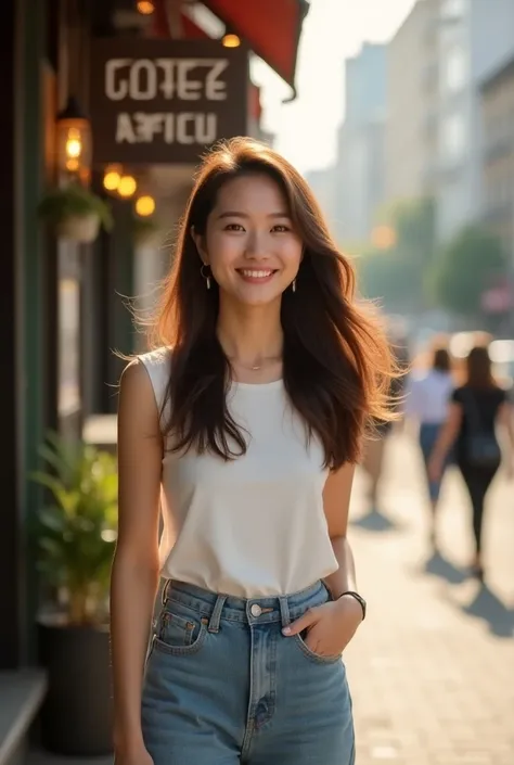 A young woman ，asian long brown hair，Sweet smile， wearing a white sleeveless shirt and high-waisted jeans ， standing outside a city coffee shop ，The sun shines on her face ， The background is a busy street and passing pedestrians