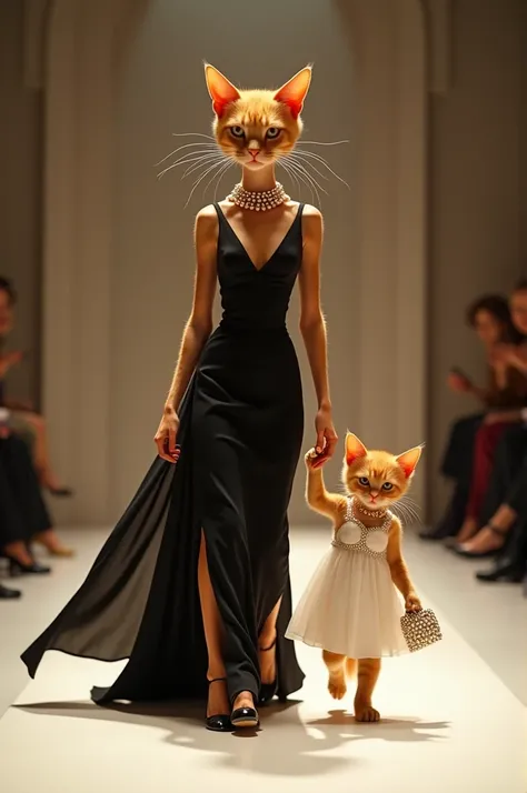 An orange cat with a sleek black gown accented with pearls walks elegantly down the runway, holding the hand of a small kitten dressed in a charming white dress with pearl details. The kitten also carries a small pearl-studded handbag. The atmosphere is ch...