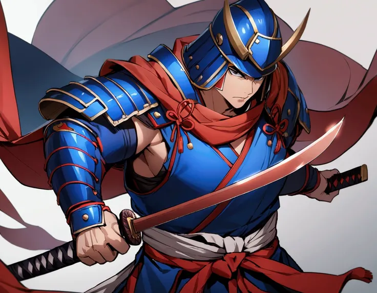 (Best Quality, 4k, 8K, high resolution, Masterpiece: 1.2), Superman in Ronin Samurai armor, wearing a sleeveless blue and red armor, a traditional samurai headpiece with a cape flowing behind, strong jawline, piercing blue eyes with a determined expression...