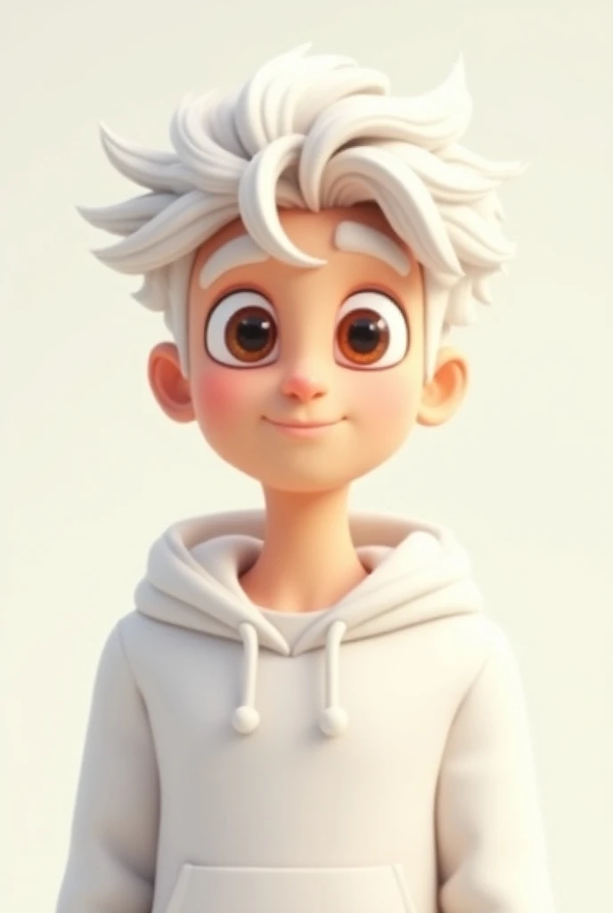 Male cartoon character wearing white hoodie, white hair turned left