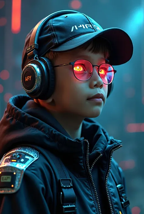 A highly detailed,  boy  cyborg, with a focus from the shoulders up, looking slightly towards the camera. The cyborg should have a futuristic and sleek appearance, featuring polished metal, intricate mechanical details, and neon glowing cybernetic implants...