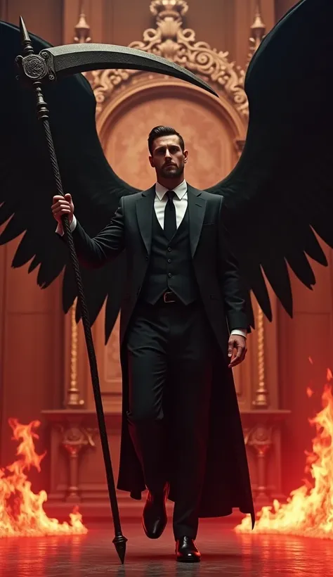  Live Action Movie Style ，Magic，close up，Face clear，handsome guy，， Gorgeous Suit ，Grim Reaper Scythe ， Red Flames All Around ， Huge Black Wings， Background Altar ，Rendering