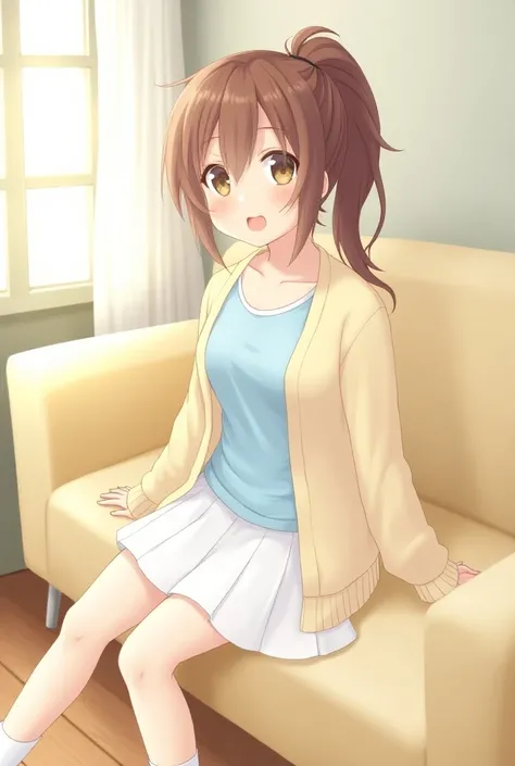  1 girl, Brown Hair,  ponytail,  CACP, anime,  medium hair ,  sitting on a sofa , living,  only the head is facing us, smile, Light blue T-shirt,  cream colored cardigan , White knee-length skirt , Put the skirt on the buttocks side of the back of the thig...