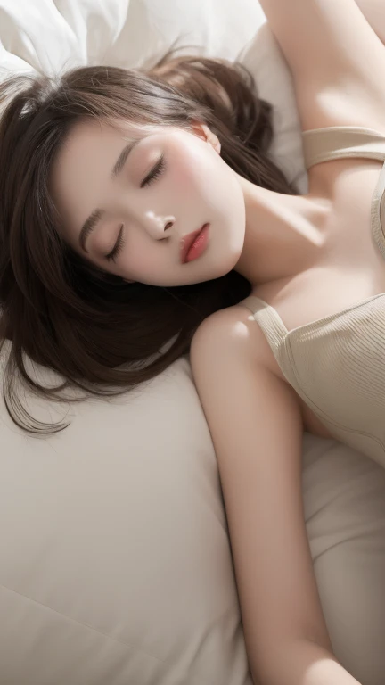 finely,  High Resolution , high quality、  Perfect Dynamic Composition ,  beautiful and nice eyes ,  medium hair , 、 naturally colored lips,Kamimei、Bed Background、 20 year old girl 、1 person、Clear Skin、shining hair、 table top to cover upper arms, 最 high qua...