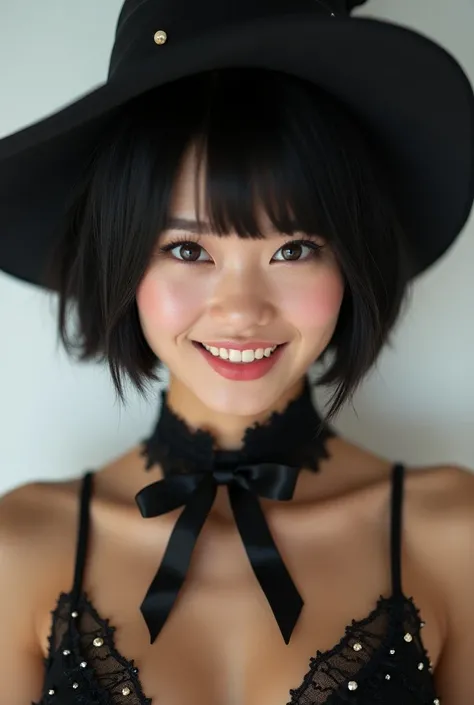 Sexy asian Girl in a wear halloween witch set costume ,Smile Face and open mouth, Black short hair and bang , Big eyes, white background, Clear images, Sharpen images, Pray