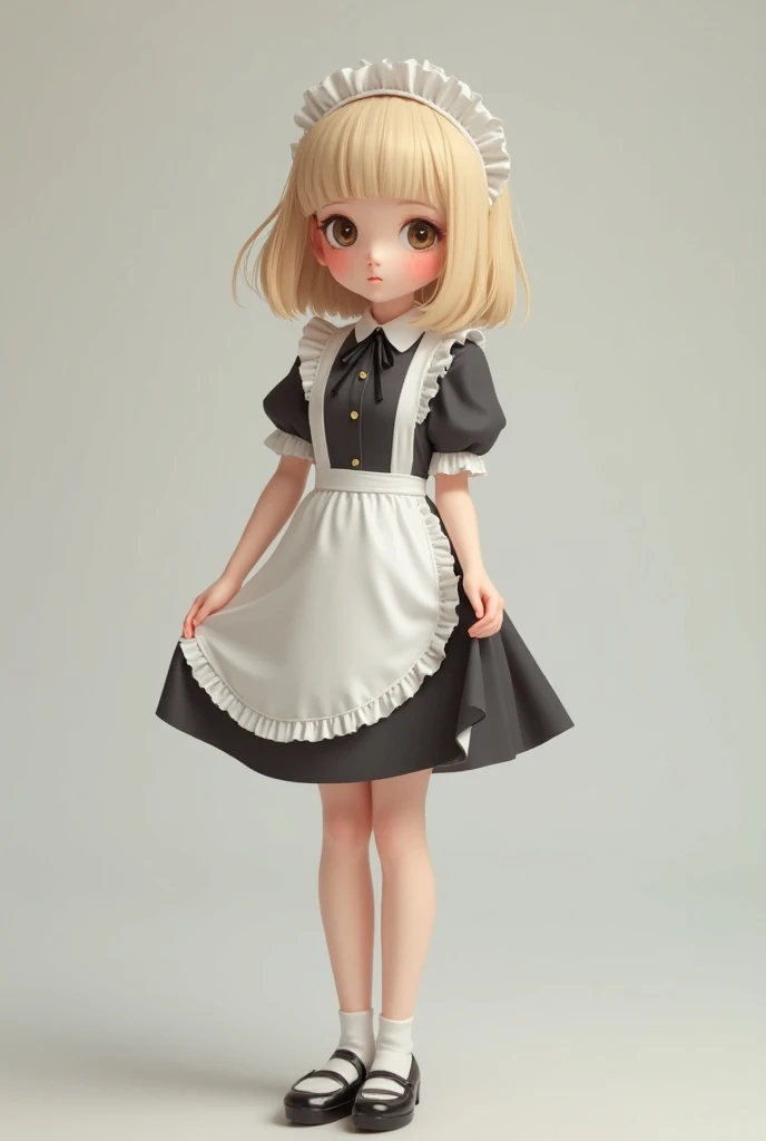 Blonde　Bob　 bangs cut straight　Height: 157cm　 bust 88 waist 56 hips 82 　Weight 50kg　　Maid uniform　 The length of the skirt is medium 　Standing and looking straight ahead　Grab the hem of your skirt　Ill take you 20cm 