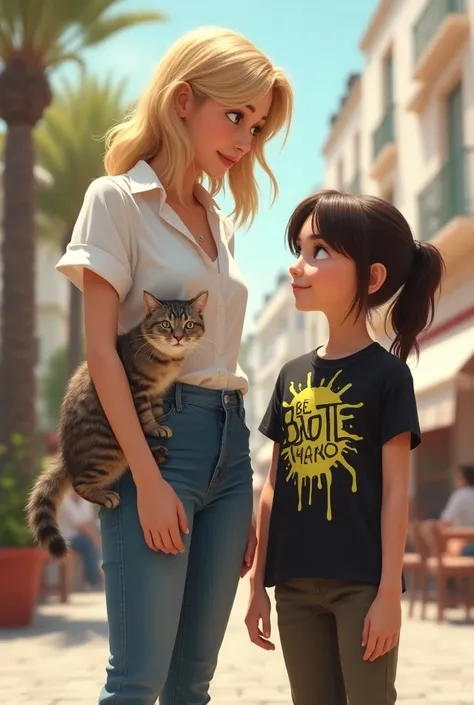 une femme blonde de 30 ans vêtue d un jean et une blouse blanche, une fille de 12 ans brune avec un t shirt Beetlejuice  une queue de cheval basse et un seul chat marron tigré au poils longs sur la Croisette à Cannes 