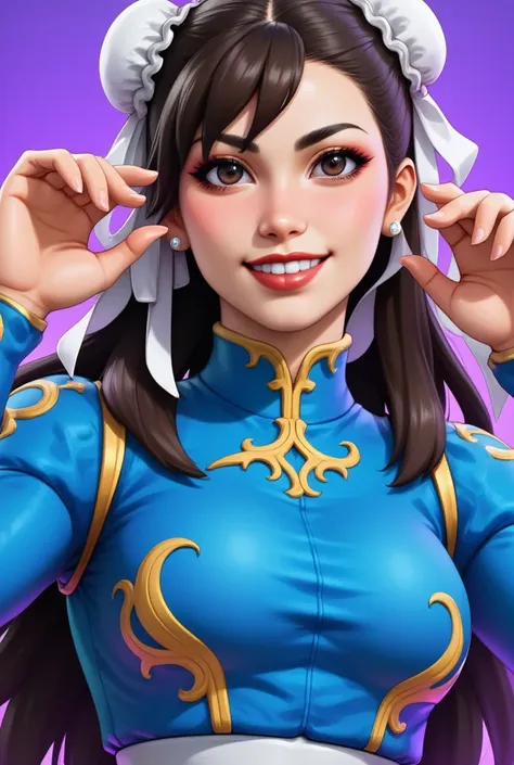 a fortnite skin of chun li of street fighter, alexami with a vibrant smile, blue costume