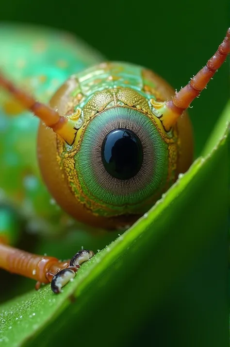 Macro zoom grasshopper eye green leaf background