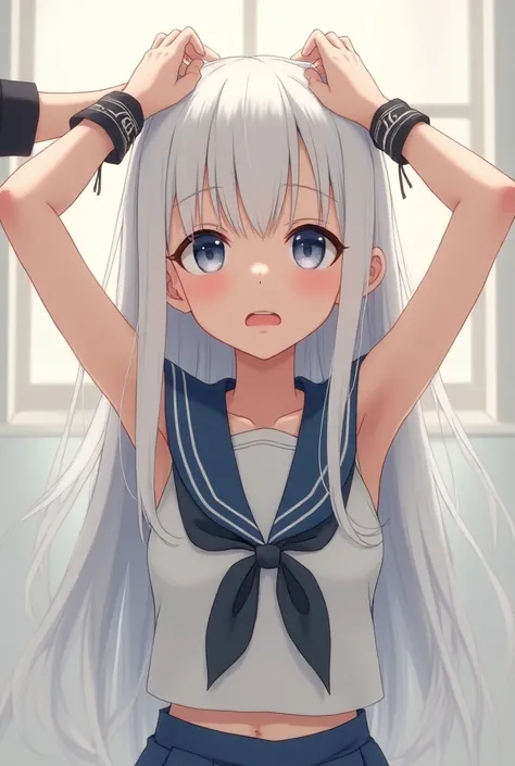 A beautiful white long hair anime girl got both her hands tied up in the air in a sleeveless sailor suit and two hands touched both her armpits