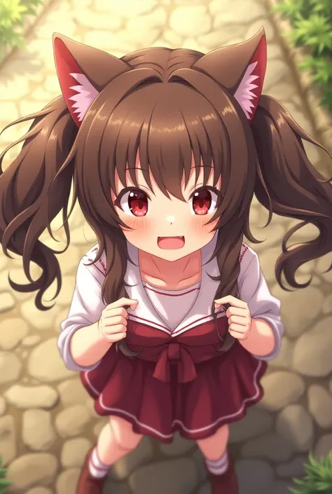  1 girl, Brown Hair, Red eyes,  High Resolution , accurate,  twin tails, Cat ears, smile, surprise, Slanted Eyes, smug face, Aerial perspective, 