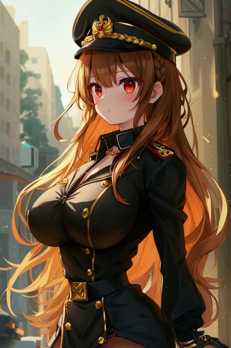 Anime, girl, cute, feminine, brown hazelnut hair, long hair, braid, wavy hair, red eyes, collar, black shirt, black high-waisted skirt, stockings, gold necklace, black boots with gold, black beret with gold, military uniform, curvaceous, voluptuous, large ...