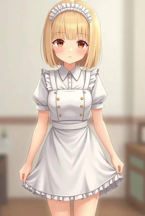 Blonde　Bob　 bangs cut straight　Height: 157cm　 bust 88 waist 56 hips 82 　Weight 50kg　　Maid uniform　Maid uniformはボタンつき　 white headband on the head　The length of the skirt is mini 　Standing and looking straight ahead　Grab the hem of your skirt　Ill lift you up...