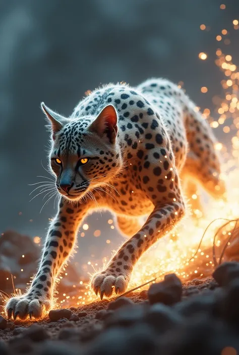 Combine the body of a cheetah with alien speed-enhancing technology. This hybrid moves faster than the eye can see, leaving afterimages and bending time itself, its sleek form surrounded by a glowing trail of alien energy."