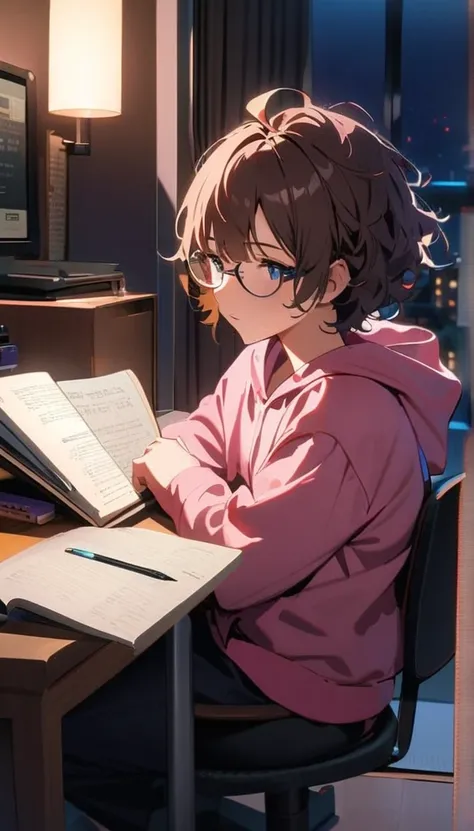   UHD,1 person, Handsome , night,Studying with the light on,Brown Hair, 23 years old,Glasses,Ultra-fine,Introvert,masterpiece, Reflected Light, pink hoodie ,relax,Night Room, machine, Notes,pen,textbook, best quality,Best aesthetics,Curl perm ,   short hai...