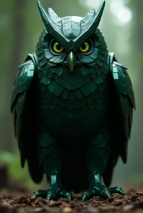  Giant dark green metallic owl with light touches at the end of its wings, with yellow-green eyes  